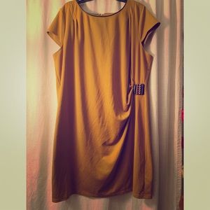 Mustard dress with dark brown trim